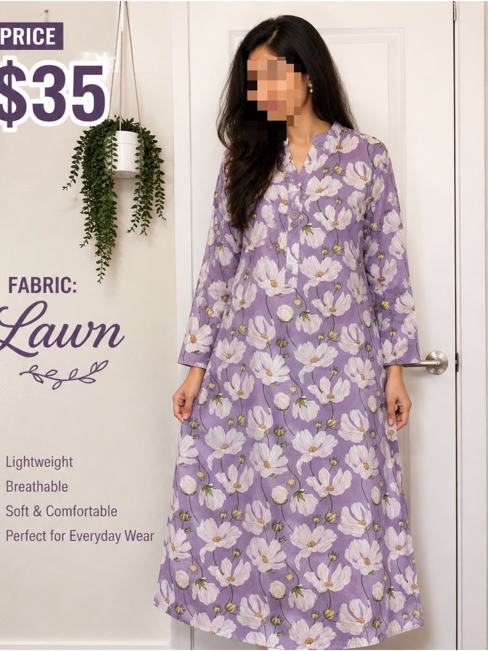 Ethnic Indian Wear Lavender Floral Lawn Kurta Bottoms